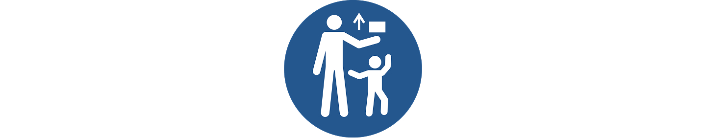 Von Kindern fernhalten Blaues Piktogramm mit Erwachsenem und Kind – Produkt außerhalb der Reichweite von Kindern aufbewahren.