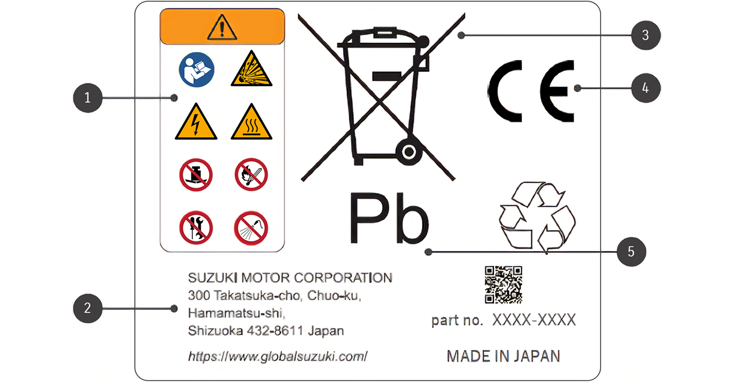 Warnhinweis mit Sicherheitssymbolen, Herstellerangabe (Suzuki Japan), Symbol für getrennte Sammlung (durchgestrichener Mülleimer), CE-Kennzeichen und Hinweis auf Blei (Pb) als Schwermetall Etikett mit CE-Zeichen, Recycling-Symbol, Warnhinweisen und Batteriesymbol mit 'Pb' für Blei. Mehrere Piktogramme zu Gefahren wie Feuer, Strom, Gift und Explosion. Hinweis auf sichere Verwendung und Entsorgung des Produkts.